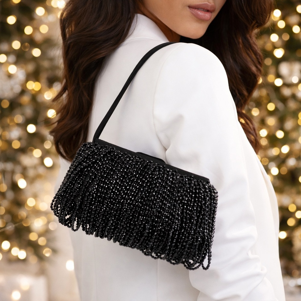 Black Beaded Fringe Mini Shoulder Bag | Vintage Style Evening Bag